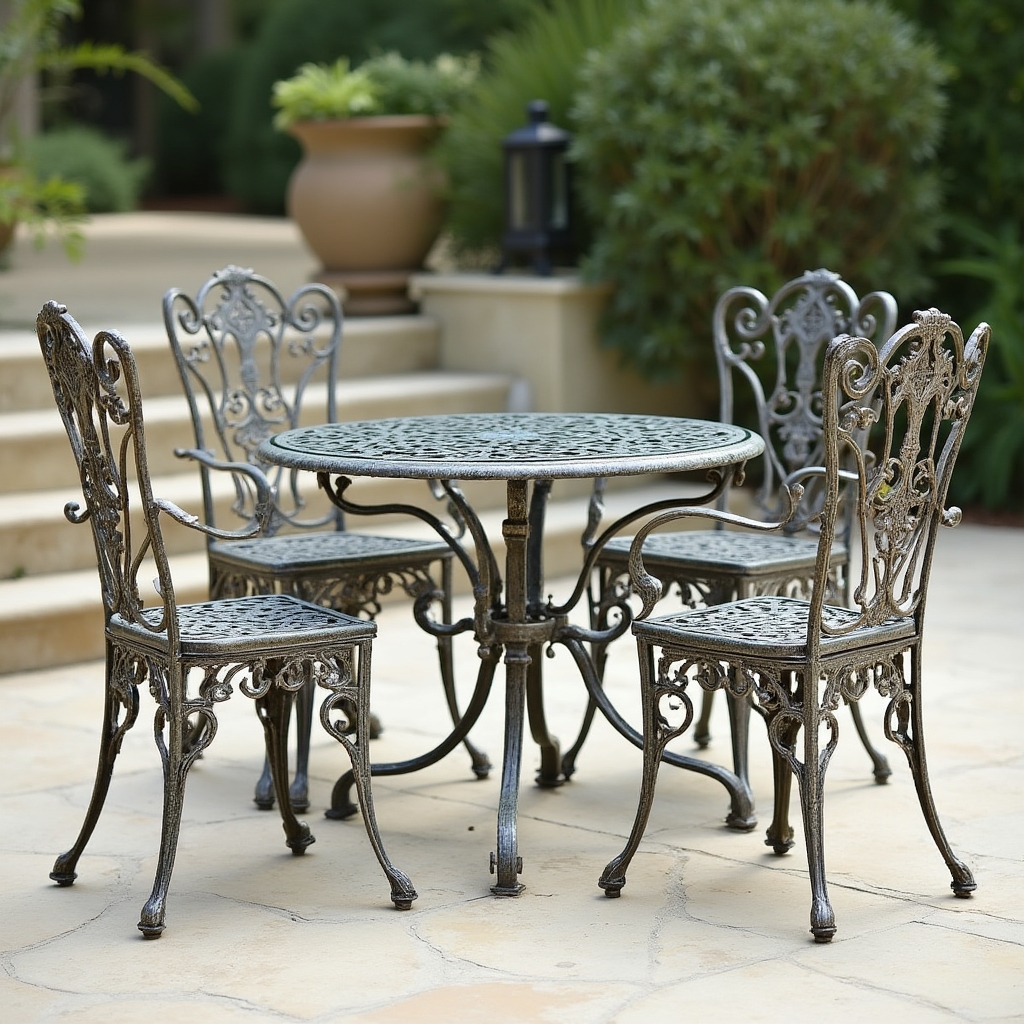 Table et chaises en fer forgé avec finition patinée