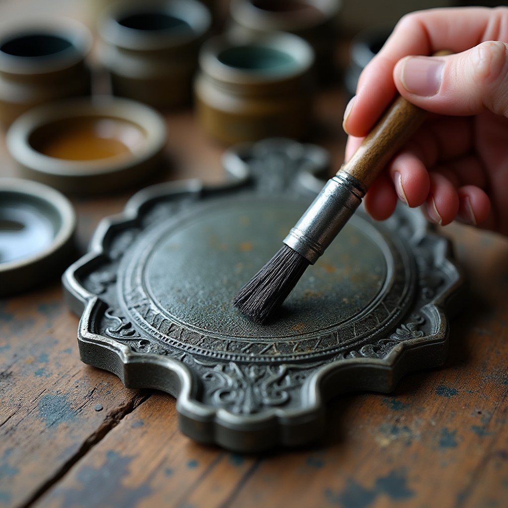 Application d'une patine traditionnelle sur métal