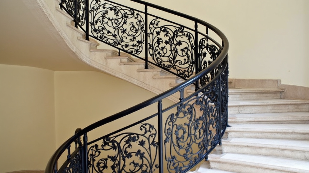 Rampe d'escalier en fer forgé avec motifs floraux